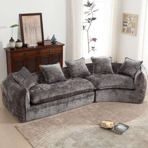 Chenille Upholstered Curved Shaped Modular Sectional Large Comfy Cloud Sofa with five Pillows - Bed Bath & Beyond - 41250150 Deep Sofa Comfy Couches, High Rise Apartment Decor, Couches Living Room Comfy, Dark Grey Sofa Living Room, Extra Deep Sofa, Grey Sofa Living Room, Cloud Sofa, Pillows Bed, Deep Sofa