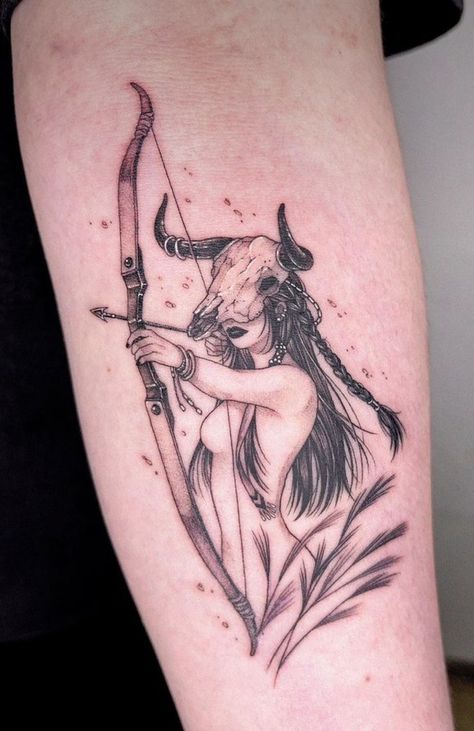 Sagittarius Animal Tattoo, Sagittarius Capricorn Cusp Tattoo, Woman Archer Tattoo, Sagittarius Leg Tattoo, Woman Sagittarius Tattoo, Mystic Woman Tattoo, Saggitarius Tattoo For Women, Sagittarius Sleeve Tattoo, Sagittarius Tattoo Women