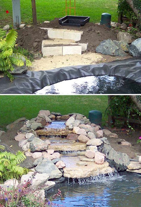 DIY Garden Waterfalls • Ideas & Tutorials! Including this nice diy waterfall project from 'passion for ponds'. Pergola Vines, Waterfall Project, Diy Waterfall, Kolam Air, Kolam Koi, Taman Air, Diy Pond, Garden Waterfall, Pond Waterfall