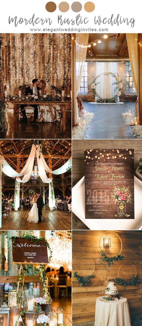 modern rustic barn theme wedding ideas with romantic lights Wedding Decor Themes Color Schemes, Spring Farmhouse Wedding Ideas, Rustic Romantic Wedding Theme, March Wedding Colors Rustic, June Wedding Colors Schemes Rustic, Rustic Farmhouse Wedding Decor, Spring Barn Wedding Colors, Romantic Wedding Vibes, Reception Color Schemes