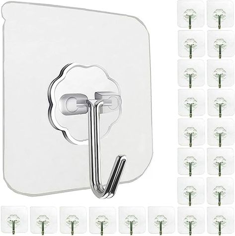 ✅ WHAT YOU GET - Value sticky adhesive hooks set includes 24 Pack adhesive wall hooks (33lb max loading) to meet your various needs, an utility and practical hooks for home, kitchen, bathroom, living room, entrance, office, factory and more places. ✅ NICE TRANSPARENT DESIGN - Unique transparent design makes the Wall Hooks almost invisible which is quite suitable for nice home decoration and outdoor decoration. Good adhesive wall hooks are never enough. Bath Towel Hooks, Plant Hooks, Adhesive Hooks, Adhesive Wall Hooks, Ceiling Hooks, Utility Hooks, Door Hooks, Storage Hooks, Plastic Hooks