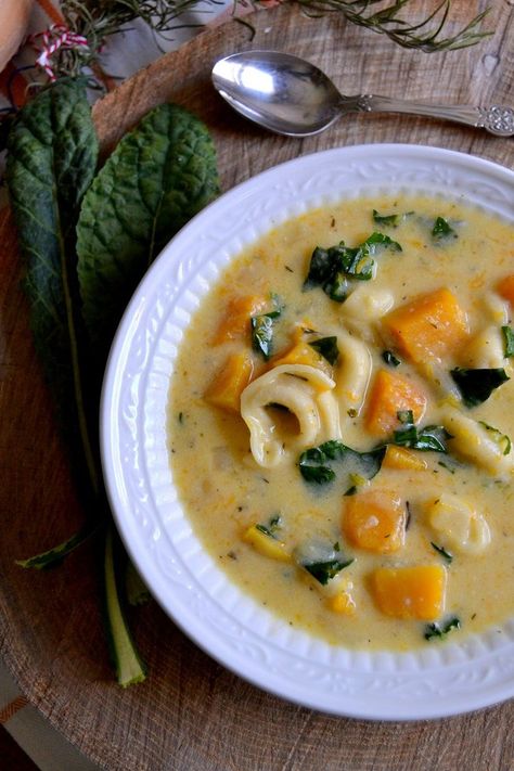 Creamy Butternut Squash and Kale Tortellini Soup Healthy Tortellini Soup, Kale Tortellini Soup, Healthy Tortellini, Kale Tortellini, Soup Butternut Squash, Butternut Squash And Kale, Butternut Squash Kale, Creamy Butternut Squash, Healthy Vegan Breakfast