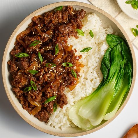 Beef Bulgogi Rice Bowl, Bulgogi Rice Bowl, Beyond Beef Recipes, Beef Bulgogi Bowl, Vegan Bulgogi, Beef Rice Bowls, Bulgogi Bowl, Eric Chou, Veggies And Rice