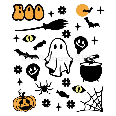 Halloween Small Drawings, Cute Spooky Decor, Simple Halloween Doodles, Simple Halloween Drawings, Cute Halloween Doodles, Basic Stickers, Cute Halloween Svg, Halloween Stamps, Drawing Halloween