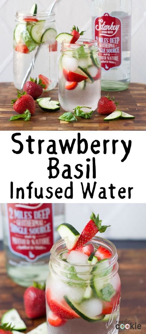 Stay cool and hydrated this summer with this delicious Strawberry Basil Infused Water made with crisp and smooth Starkey Spring Water - @TheFitCookie #AD #DeepDownGood #StarkeyWater Basil Infused Water, Strawberry Basil Water, Spa Water Recipes, Strawberry Infused Water, Basil Water, Strawberry Health Benefits, Fruit Infused Water Recipes, Strawberry Water, Flavored Water Recipes