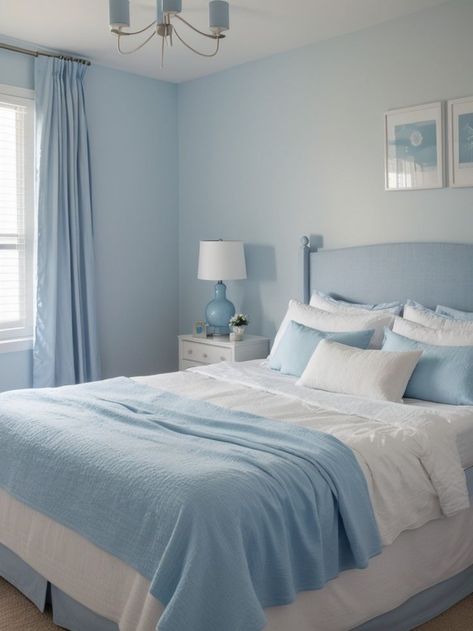 Blue Aesthetic Bedroom, Room Color Ideas Bedroom, Light Blue Rooms, Light Blue Bedroom, Bedroom Vibes, Bedroom Color Combination, Living Room Wall Color, Blankets And Pillows, Teen Bedroom Designs