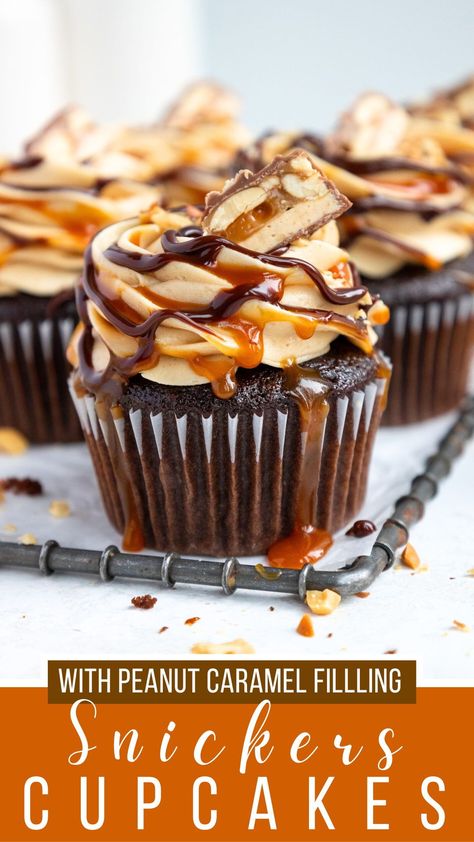 These Snickers cupcakes are moist, filled with peanut caramel, and topped with the most delicious peanut butter buttercream! They taste just like our favorite candy bar!! Snickers Cupcakes, Snicker Cupcakes, Peanut Butter Buttercream, Peanut Caramel, Chocolate Ganache Recipe, Chocolate Cupcakes Moist, Cake Filling, Birthday Cake Decorating Ideas, Ganache Recipe