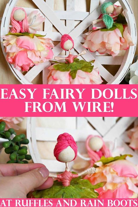 Flower Petal Fairies, Fairy Flower Dolls Diy, Diy Faries Dolls, Diy Fairies For Fairy Garden, How To Make Flower Fairies Diy, Fairy Doll Hair Tutorial, Wire Fairies Diy How To Make, Embroidery Floss Doll Hair, Embroidery Floss Dolls