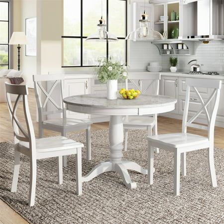 This dining table set includes 4 wooden dining chairs and 1 round dining table, which can fully accommodate your family. The modern beautiful dining table and chair set balances irresistible charm and aesthetic that serves up casual comfort with a vintage twist, affording you the best of both worlds. Specifications: Product Name: 5 Pieces Dining Table and Chairs Set Color: Gray/Brown/White Upholstery Material: Faux Marble Frame Material: MDF Leg Material: Rubber Wood Seat Construction: Rubber Wo Wood Kitchen Chair, Round Dining Table Sets, Round Kitchen Table, Solid Wood Kitchens, Round Dining Room, Dining Table And Chairs, Solid Wood Dining Set, Dining Furniture Sets, Kitchen Tables