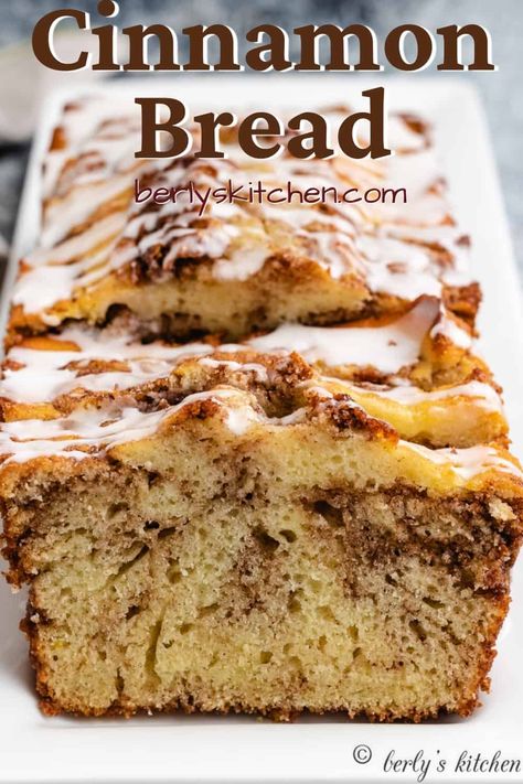 Our no-yeast cinnamon bread is a simple quick bread featuring a rich and buttery cinnamon swirl and topped with a sweet glaze! #berlyskitchen Cinnamon Bread Recipe, Sweet Glaze, Homemade Bread Recipes Easy, Cloud Bread, Dessert Dips, Cinnamon Bread, Cinnamon Swirl, Bread Machine Recipes, Quick Bread Recipes