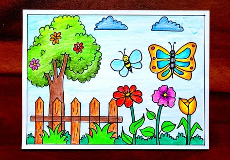 Video Tutorial uploaded on Amrita Drawing Book Channel. Subscribe for more creative Drawings and School Projects #springseason #springseasondrawing #flower #garden #butterfly #drawing #easy #howtodraw #sketch #pencil #drawingforkids Flower Garden Drawing Pencil, Butterfly In The Garden Drawing, Easy Spring Drawings For Kids, How To Draw Garden, Garden Sketch Drawing Easy, Butterfly Scenery Drawing, Butterfly Garden Painting, Easy Drawing Of Flowers, Spring Easy Drawings