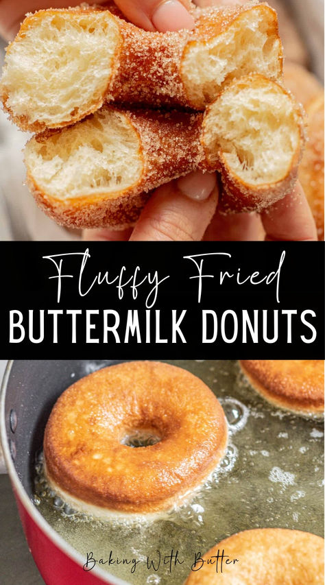 These fried buttermilk donuts are super fluffy, coated generously in cinnamon sugar or with a sweet vanilla glaze. Best Donut Recipe Fried, Soft And Fluffy Doughnut Recipe, Light And Fluffy Donut Recipe, Fried Doughnut Recipe Easy, Buttermilk Donuts Old Fashioned, Fried Donuts Homemade, Donuts Recipe Fried, Baked Buttermilk Donuts Recipe, Cake Donuts Fried