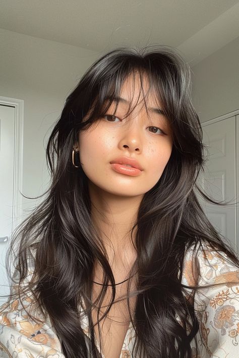 45 Stunning Examples of Long Hair With Bangs - Flo's Blog Less Bangs Haircut, Large Curtain Bangs, Long Haired Haircuts, Style Your Hair, Haïr Cut Style For Long Hair, Haircut Bangs Long Hair, Long Wolf Cut With Wispy Bangs, Haircut Inspo Curtain Bangs, Haircut For Long Hair With Bangs