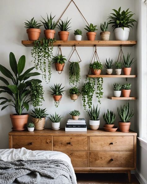 20 Way To Decorate Your Bedroom Dresser, Boho Style – ToolzView Plant Style Bedroom, Plant Wall Bedroom, Plant Living Room Aesthetic, Plants In Bedroom Ideas, Indoor Plants Styling Living Rooms, Plant Ideas Indoor, Dresser Boho, Boho Plant Decor, Plant Wall Diy