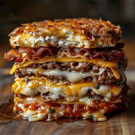 Bacon Lasagna Burger combines crispy bacon, cheesy lasagna, and juicy beef patties in one epic burger. Try it now for a meal to remember! Lasagna Burger, Bacon Lasagna, Mac And Cheese Burger, Cheesy Lasagna, Beef Patties, Bbq Bacon, Bacon Burger, Beef Patty, Crispy Bacon