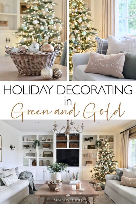 A rich and festive Christmas decor palette of sage green and gold with pops of white! French inspired Christmas Holiday decor ideas---> #maisondecinq holidaydecorating christmastree christmasdecorating neutralchristmas frenchfarmhouse frenchcountry neutraldecorating europeanfarmhouse Green White Tan Christmas Tree, Green Cream And Gold Christmas Decor, Champagne Gold Christmas Decor, Green And Champagne Christmas Decor, Sage Green Christmas Decor Ideas, Sage Green And Gold Christmas Decor, White Green And Gold Christmas Decor, Gold Christmas Decorations Living Room, White Gold And Green Christmas Decor