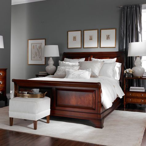 Find Brown Bedroom Furniture. You can't go wrong with brown bedroom furniture. It isn't as claustrophobic as black, and not as overwhelming as white. It is a happy medium in bedroom furniture colors. Apply a white bedding set, and the chocolate tint of the furniture is drawn out, creating a warm and peaceful … Dark Wood Bedroom Furniture, Dark Wood Bedroom, Dark Wood Bed, Dark Brown Furniture, Brown Furniture Bedroom, Dark Bedroom Furniture, Cherry Wood Furniture, Furnitur Ruang Keluarga, Dark Wood Furniture