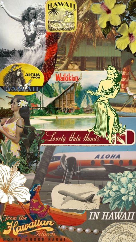 60s Hawaii Aesthetic, Hawaiian Mood Board, Hawaii Collage Wallpaper, Vintage Hawaii Wedding, Old Hawaii Aesthetic, Hawaii Culture Aesthetic, Hawaiian Culture Aesthetic, Hawaii Vintage Aesthetic, Hawaii Aesthetic Vintage