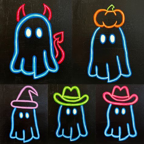 Pumpkin Glow In The Dark Painting Ideas, Pumpkin Painting Ideas Glow In The Dark, Halloween Neon Painting, Neon Sign Acrylic Painting, How To Make Glowing Art, Neon Ghost Painting, Simple Neon Painting Ideas, Glow In The Dark Shirt Ideas Diy, Chalk Art Halloween Ideas