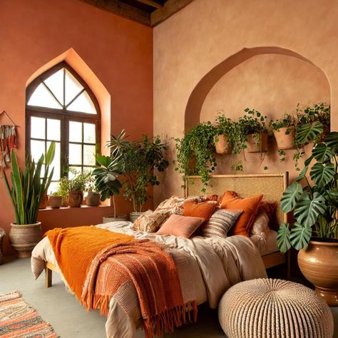 Terracotta Boho Dreaming 🥹 Soft Boho Bedroom, Anthropologie Bedroom Aesthetic, Teracotta Ideas Interior, Bright Bedroom Ideas Color Schemes, Arizona Room Ideas, Terracotta Color Palette Bedrooms, Terracotta And Blue Bedroom, Apricot Bedroom, Terracotta Apartment