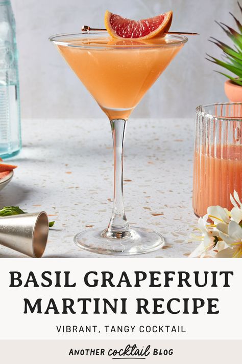 This basil grapefruit martini is made with fresh grapefruit juice and vodka, sweetened slightly and shaken with fresh basil leaves. It's tangy and refreshing, with a subtle pop of aromatic basil for an elegant and invigorating drink. Basil Cocktail Recipes Vodka, Herb Cocktails, Rosemary Martini, Vodka Martini Recipes, Basil Cocktails, Basil Martini, Summer Martinis, Grapefruit Martini, Drinks Vodka