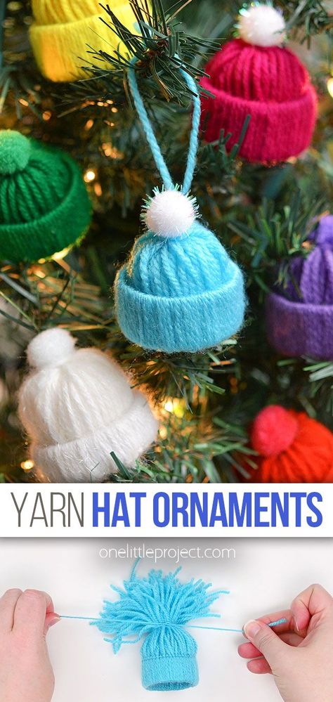 These yarn hat ornaments are SO CUTE! Make adorable DIY Christmas ornaments with yarn and a pompom. These homemade ornaments are super easy to make, and they're such a fun Christmas craft for kids, tweens, teens, adults, and seniors. Yarn Hat Ornaments Diy Christmas, Christmas Ornaments School Craft, Yarn Ornaments For Kids, How To Make Christmas Decor, Hat Ornaments Yarn, Ornaments For Teens To Make, Hat Ornaments Made With Yarn, Yarn Christmas Crafts Easy Diy, Yarn Hat Ornaments Diy