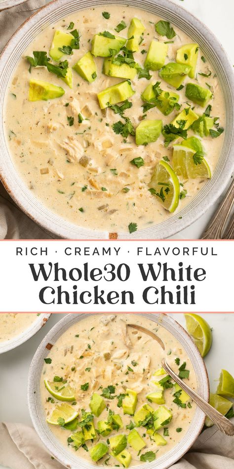 This white chicken chili is super rich and creamy, with tons of flavor, AND it’s Whole30 compliant! Dairy-free, grain-free, and gluten-free, this soup recipe fits perfectly into a round, and your family wouldn’t even know it’s paleo. Quick and easy to make in under 30 minutes, too! Whole 30 White Chicken Chili Instant Pot, Whole30 Chicken Chili, White Chicken Chili Whole 30 Crock Pot, Gluten And Dairy Free Main Dishes, Paleo Chicken Crockpot Recipes Whole 30, Lactose Free White Chicken Chili, Whole 30 Chicken Chowder Recipe, Easy Healthy White Chicken Chili, Mediterranean White Bean Chicken Chili