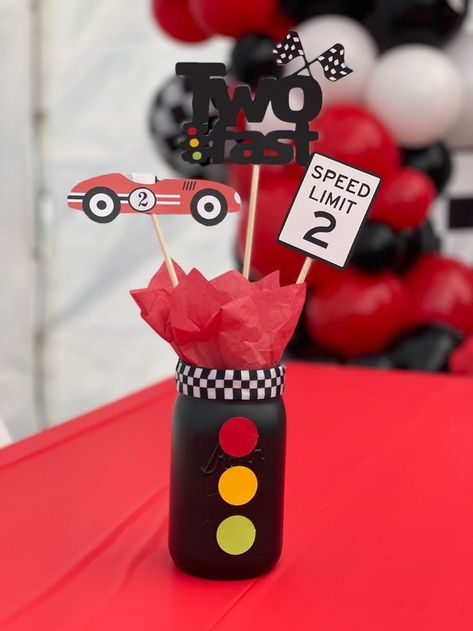 Racing Birthday Party Decorations, Diy Race Car Decorations, The Cars Birthday Party Ideas, Two Fast Decorations Ideas, Race Cars Theme Birthday Party, Race Theme Centerpieces, 2 Fast 2 Furious Birthday Centerpieces, Cara Theme Birthday Party, Too Fast Birthday Party Ideas