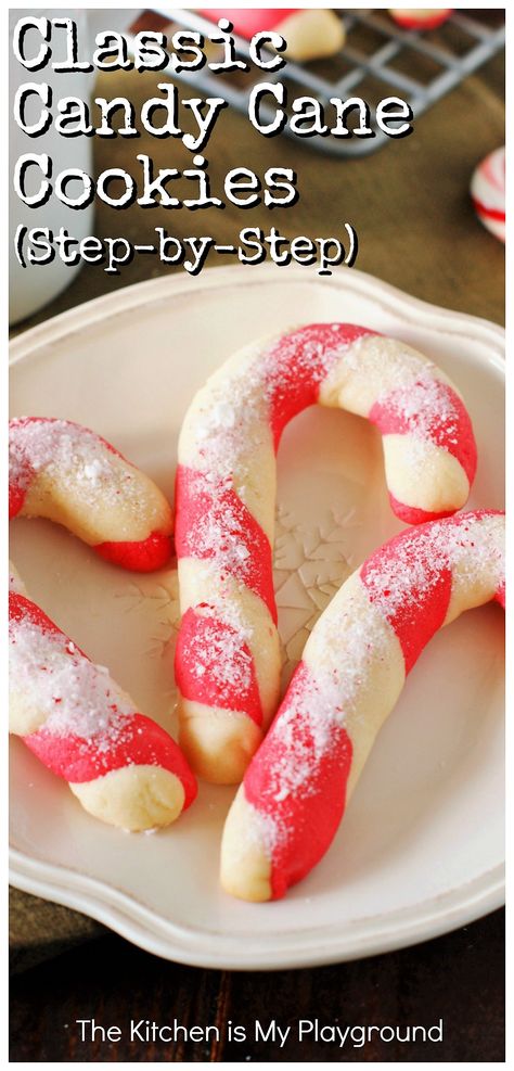 Classic Candy Cane Cookies | How to Make Candy Cane Cookies: Step-by-Step ~ Two colors of cookie dough twisted together, baked, & sprinkled with crushed candy cane-sugar! Such a fun & festive Christmas tradition & treat. #candycanecookies #Christmas #Christmascookies www.thekitchenismyplayground.com Peppermint Christmas Cookies, Candy Cane Cookie Recipe, Chocolate Kiss Cookies, Almond Sugar Cookies, Christmas Cookie Recipes Holiday, Best Christmas Cookie Recipe, Easy Christmas Cookie Recipes, Candy Cane Cookies, Easy Christmas Treats