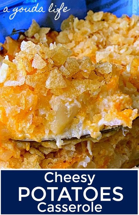 Cheesy Potatoes With Chips On Top, Hashbrown Casserole With Potato Chips, Cheesy Potatoes With Potato Chips, Casseroles With Potato Chips, Casserole With Potato Chips On Top, Potluck Potatoes Casserole, Potatoe Chips Recipes, Recipes Using Crushed Potato Chips, Potato Chip Casserole Recipes