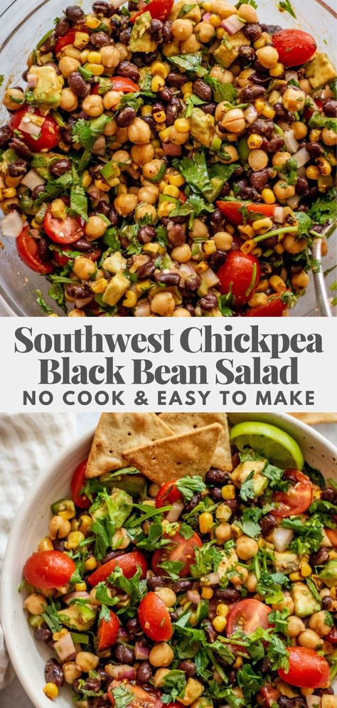 This Southwest Chickpea Black Bean Salad comes together in 15 minutes with a delicious zesty chili lime vinaigrette. Easy to make and prep for the week ahead! Chickpeas Black Beans Salad, Chili Lime Bean Salad, Bean Salads Healthy Easy, Southwestern Black Bean Salad, Black Bean Garbanzo Salad, Southwest Chickpea Salad, Southwest Black Bean Salad, Chickpea Taco Salad, Black Bean Dinner Ideas