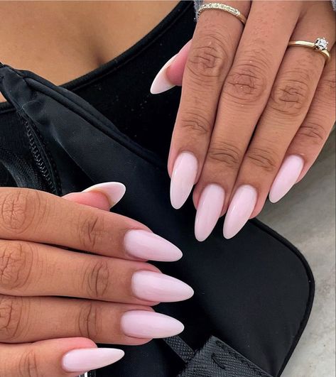 Light pink almond shaped acrylics Leah Love Island Nails, Soft Elegant Nails, Medium Long Almond Nails, Long Pink Almond Nails, Long Almond Nails Pink, Nails Summer 2024 Almond, Mandel Nails, Milky Pink Almond Nails, Summer Acrylic Nails Almond