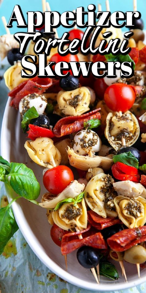 Tortellini Appetizer Skewers, Tortellini Appetizer, Italian Antipasto Platter, Handheld Recipes, Antipasto Platter Italian, Appetizer Skewers, Party Finger Food, Tortellini Skewers, Individual Appetizers