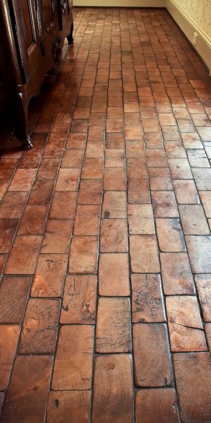 Wood Block Flooring Diy, Faux Cobblestone Floor, Diy Cheap Wood Floors, Repurpose Hardwood Flooring, Pallet Board Flooring, Wood Block Floor, Budget Friendly Flooring Ideas, Pallet Wood Floor, Cottagecore Flooring