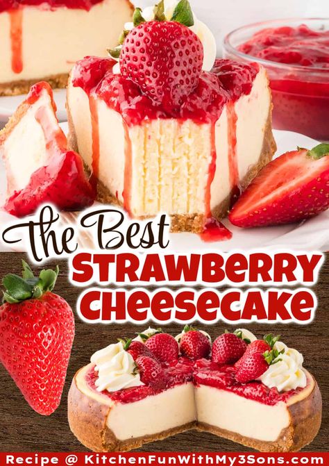 This Strawberry Cheesecake recipe features a smooth, creamy cheesecake filling topped with strawberry sauce and whipped cream in a thick graham cracker crust. Fresh strawberries and that classic sweet-tangy flavor make this cheesecake a favorite! #cheesecakerecipes #strawberrydesserts Classic Strawberry Cheesecake, Strawberry Topped Cheesecake, Strawberry Filling For Cheesecake, Flavored Cheesecake Recipes Easy, Christmas Strawberry Cheesecake, Strawberry Cheesecake Recipes Easy Homemade, Strawberry Cheesecake Recipe Easy No Bake, How To Make Strawberry Cheesecake, Strawberry Swirl Cheesecake Recipe