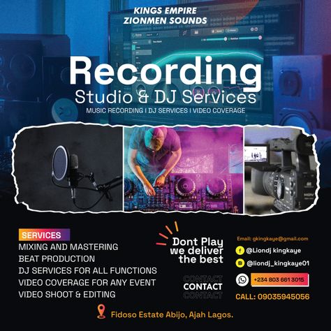 Banner Design Studio Recording and Dj services Music Banner Design, Dj Banner, Dj Flyer Design, Vocal Recording Studio, Music Banner, Dj Poster, Advert Design, Dj Flyer, Studio Marketing