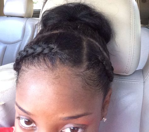 Bun with two braids in the front #Simple #Cute Front Braids With Bun, Bun With Front Braid, Front Braid With Bun, Two Braids In Front With Ponytail Natural Hair, Two Braids Into Low Bun, Braids Into A Bun Natural Hair, 2 Braids With Bun, Two Braids In The Front Natural Hair, Two Braids Bun