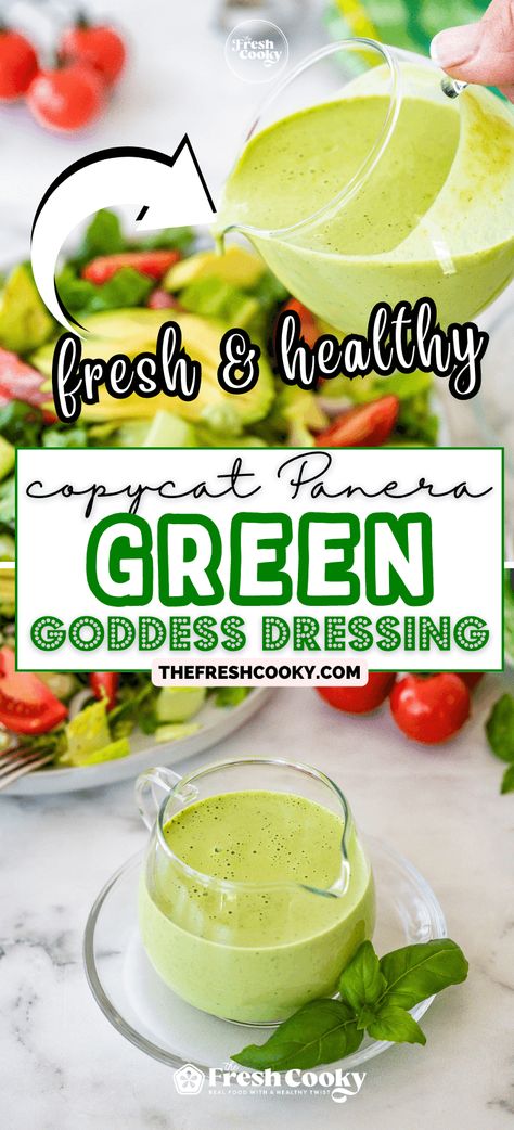 Craving the refreshing taste of Panera's Green Goddess dressing? Now you can enjoy it from the comfort of your own home with this simple copycat recipe! Packed with nutritious ingredients like avocado, parsley, and garlic, this dressing is a tasty and healthy addition to any salad. Recipe via @thefreshcooky #copycatrecipe #Panera #greengoddessdressing #saladdressing Sage Salad Dressing, Basil Green Goddess Dressing, Simple Green Goddess Dressing, Low Calorie Green Goddess Dressing, Green Goddess Dressing Panera, Green Goddess Salad Dressing Recipe, Green Goddess Dressing Recipe Healthy, Homemade Green Goddess Dressing, Green Godesses Salad Dressing