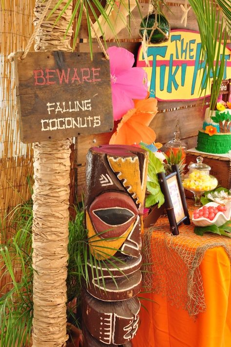 Kara's Party Ideas Tiki Hut Luau Party | Kara's Party Ideas Hawaiian Tiki Bar Ideas, Mens Luau Party, Tiki Bar Ideas For Party Hawaiian Luau, Tiki Photo Booth Ideas, Tiki Graduation Party Ideas, Tiki Party Games, Luau Party Ideas Decorations Diy, Tiki Totem Diy, Luau Backdrop Ideas