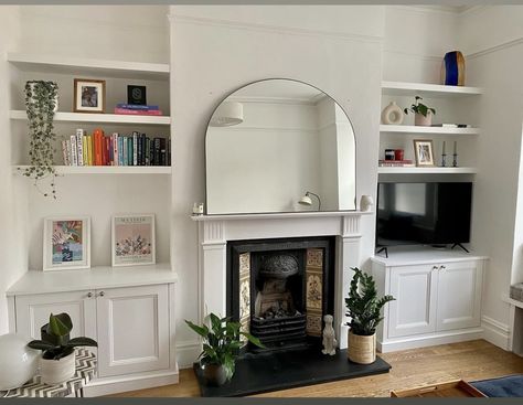 Floating Shelves Alcove, Living Room Alcove Shelves, Alcove Cabinets Living Room, Alcove Shelves Living Room, Alcove Arch, Alcove Ideas Living Room With Tv, Alcove Styling, Alcove Shelving Living Room, Cabinets With Floating Shelves