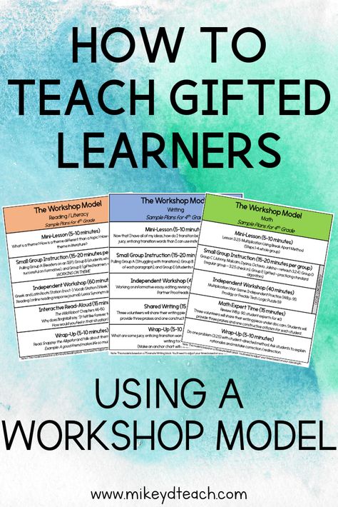 Workshop model is a fantastic instructional method in most classrooms, but you still have to make tweaks to help it reach all of your learners. If you've been wanting to try it with gifted students but haven't been able to figure out how to accommodate them in the workshop model, then this blog post's for you! I share my best suggestions for differentiating instruction for advanced learners in workshop. A free framework is included to help you get started! #giftededucation #workshopmodel High Ability Learners Activities, 3rd Grade Gifted And Talented, Gifted And Talented Activities, High Ability Learners, Differentiated Instruction Strategies, Gifted Classroom, Gifted Learners, Student Teaching Gifts, Differentiating Instruction