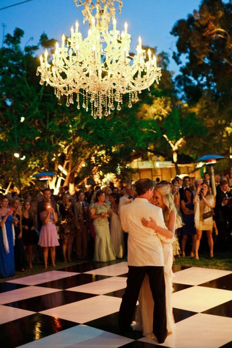 chandelier over dance floor Checkered Floor, Dance Floor, Bride And Groom, Wedding Blog, Outdoor Wedding