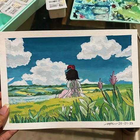 Ghibli Gouache Painting, Studio Ghibli Gouache, Ghibli Gouache, Anime Canvas Painting, Abstract Painting Diy, Draw Painting, Ghibli Artwork, Simple Canvas Paintings, Kiki's Delivery Service