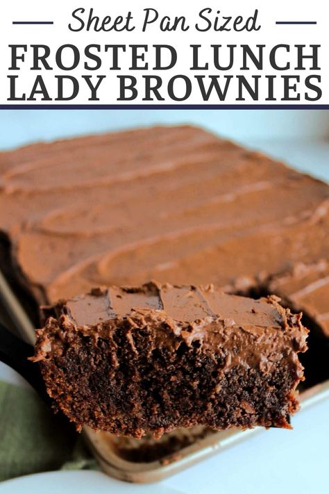 Make a giant sheet pan filled with frosted lunch lady brownies for a chocolaty treat big enough to feed a crowd. They are easy to make the chocolate icing takes them to the next level of delicious. Cookies For A Crowd Sheet Pan, School Brownies With Icing, Brownies For A Bunch, Half Sheet Brownies, Sheet Cake Brownies With Frosting, Lunch Lady Sheet Cake, Bar Cookie Recipes For A Crowd Sheet Pan, Easy Sheet Pan Bars, Big Batch Brownies Sheet Pan