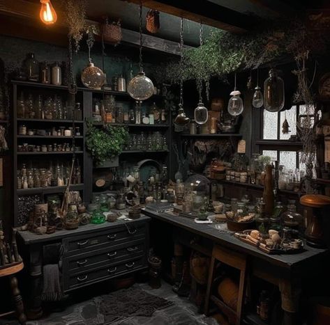 Witchy China Cabinet, Kitchen Witch Apothecary, Gothic Home Decor Kitchen, Witches Herb Cabinet, Witch Aesthetic Kitchen Decor, Apothecary Kitchen Aesthetic, Cottage Witch Kitchen Aesthetic, Gothic Apothecary Aesthetic, Witchy Apothecary Aesthetic