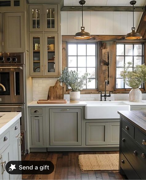 Farmhouse Kitchen Two Tone, Gray Kitchen Cabinets With Wood Counter, Gray White Wood Kitchen, Grey Cottage Kitchen, Cottage Farmhouse Kitchen Ideas, Full Cabinet Kitchen, Non White Farmhouse Kitchen, Kitchen Cabinets Along One Wall, Light Wash Cabinets