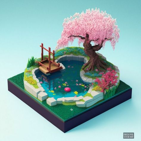 Land Diorama, Pond Diorama, Japanese Diorama, Diorama Nature, Fantasy Diorama, Japanese Pond, 3d Diorama, Japanese Tree, Isometric Drawing