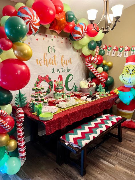 1st Birthday At Christmas Time, First Birthday Party Christmas, 1st Birthday Party Ideas Christmas, Candy Cane Lane Birthday Party, First Christmas Birthday Party, Christmas First Birthday Party Ideas, Holiday Themed First Birthday, Christmas In July 1st Birthday, First Birthday Themes Christmas