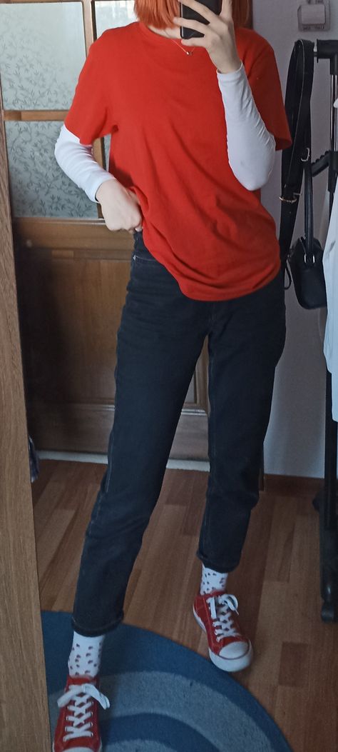 Red Shirt And Black Jeans Outfit, Bright Red Shirt Outfit, Oversized Red Shirt Outfit, Target Work Outfit Red And Jeans, Red Tee Shirt Outfit, Target Outfits Employee, Red Shirt Outfits Women Casual, Outfits With Red Shirts, Red Tshirt Outfit Casual