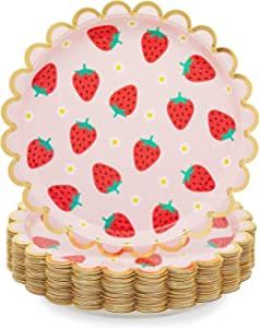 Pink Paper Plates, Strawberry Birthday Party, Plastic Party Plates, Strawberry Birthday, Pink Plates, Strawberry Baby, Strawberry Party, Birthday Plate, First Birthday Decorations